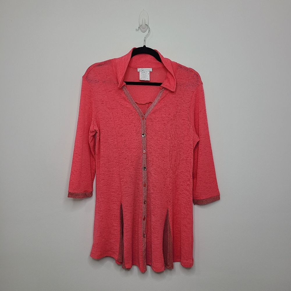 Zoe Long Sleeve Button-Up Tunic Cardigan Collar V-Neck Pink Polka Dots Medium